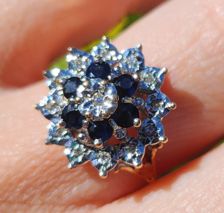 1373: Vintage: 9ct Gold French Blue Sapphires Diamonds Cluster Ring- sparkling beauty