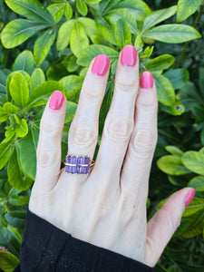 0358: Vintage: Rare 9ct Gold 10 Emerald Cut Amethysts Cocktail Ring - statement, nice weight