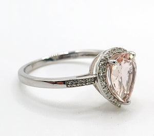 1700: Vintage: 9ct White Gold Pink Morganite 26 Diamonds Dress Ring- petite, sparkling, pink