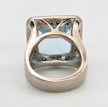 Load image into Gallery viewer, VINTAGE; 14ct White Gold Large Emerald Cut Aquamarine (13.9ct) , Blue Diamonds Statement Cocktail Ring
