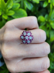 A0003: Vintage: 9ct Gold Rubies (30) diamonds (7) Floral Cluster Ring- Splendid