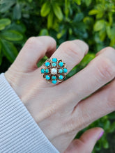 Load image into Gallery viewer, 1270: Vintage: 9ct Gold Turquoises Pearl Flower Head Ring- Date-Mark 1963
