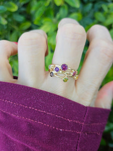 0209: Vintage: Abstract 9ct Gold Multi-Gemstones Cocktail Ring- lovely colour array