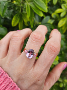 1006: Vintage: Rare 9ct Rose Gold Amethyst Morganites Diamonds Cocktail Ring- superb combination