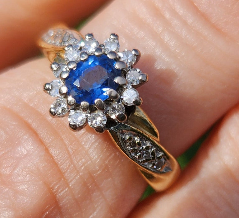 6150 Vintage: 18ct Gold French Blue Sapphire 18 Diamonds Dress Ring- fine example