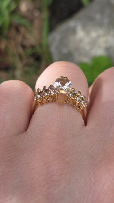 3199 Vintage: 9ct Yellow Gold Morganite & White Sapphire Cluster Ring — From 1983