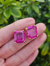 Load image into Gallery viewer, 0301: Vintage &amp; Old: 18ct Gold Emerald Cut Pink Sapphires Stud Earrings- Barbie Pink
