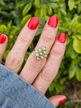 Load image into Gallery viewer, 1240: Vintage: 9ct Gold Forest Green Peridots Diamonds Cluster Ring
