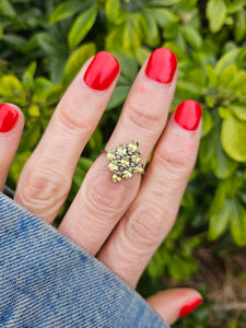 1240: Vintage: 9ct Gold Forest Green Peridots Diamonds Cluster Ring