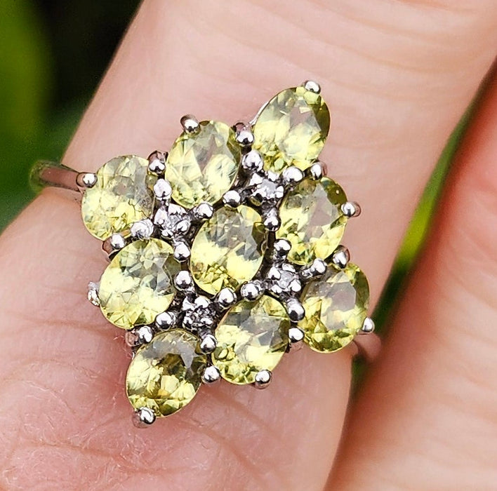 1240: Vintage: 9ct Gold Forest Green Peridots Diamonds Cluster Ring