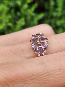 1757:   Vintage; 9ct Gold Lilac Amethysts Diamonds Cluster Ring
