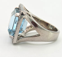 Load image into Gallery viewer, VINTAGE; 14ct White Gold Large Emerald Cut Aquamarine (13.9ct) , Blue Diamonds Statement Cocktail Ring
