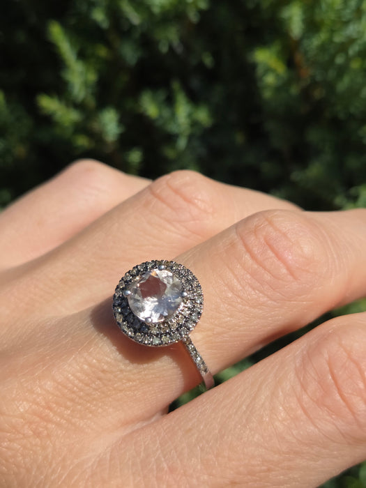 2161 Vintage: 9ct White Gold Morganite & Diamond Double Halo Dress Ring