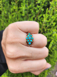 1523: Vintage: 9ct Gold 9 Turquoise Cluster Ring- From Edinburgh 1975