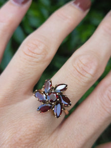 2197: Vintage: 9ct Gold Mixed-Cut Rich Red Garnets Cluster Ring- From 1976