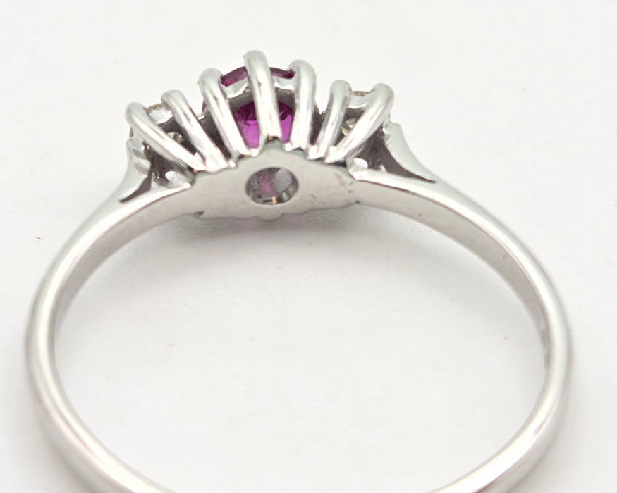 2357: Vintage; 18ct White Gold Ruby Round Full Cut Diamonds 3- Stone Straight Ring- From 1978