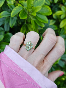 0587: Vintage: Rare 9ct Gold 9 Green Sapphires Geometric Set Cocktail Ring