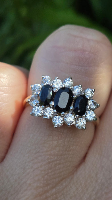 Vintage: 9ct Yellow Gold Sapphire & Simulated Diamond Cluster Ring
