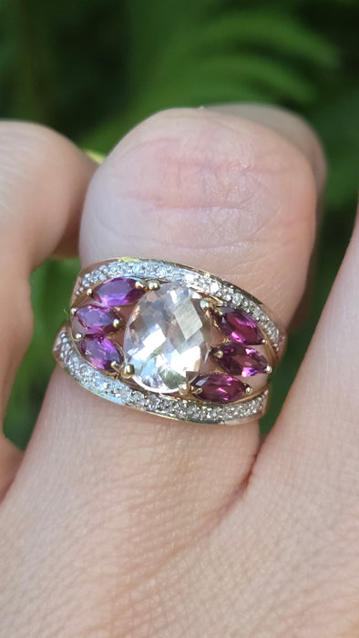 Vintage: 9ct Yellow Gold Morganite, Amethyst & Diamond Cocktail Ring