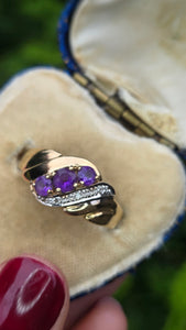 2449 Vintage 9ct Gold Amethyst Diamonds Dress Ring