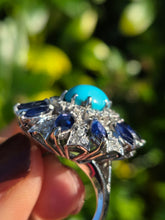 Cargar imagen en el visor de la galería, 2269: Vintage: 14ct White Gold Turquoise, Blue Sapphires, 56 Diamonds Statement Cluster Ring

