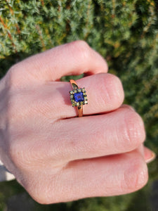 1043: Vintage 9ct Gold Yellow Diamonds Cushion Cut Iolite Dress Ring