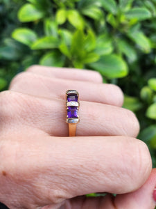 0345: Vintage: 9ct Gold Rich Purple Amethyst Trilogy Diamonds Dress Ring-