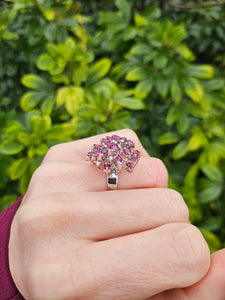 0127: Vintage: 18ct White Gold Pink Rubies Diamonds Spray Cluster Ring