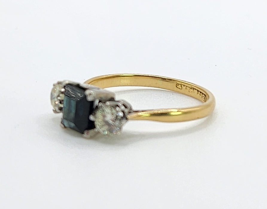 1598 Vintage: 18ct Yellow Gold & Platinum Sapphire & Diamond Three Stone Ring