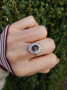 1349: Vintage: 18ct Gold Rich Red Garnet 12 Diamonds Diana Style Cluster Ring - From 1972
