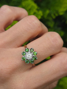 2102:   Vintage; 18ct Gold Peridots Diamond Flower Head Ring- Sparkling beauty