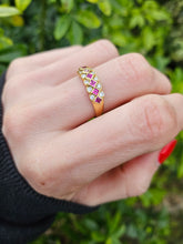 Cargar imagen en el visor de la galería, 0954: Vintage: 18ct Gold 7 Rich Red Rubies 12 Diamonds Geometric Set Stacker/Dress Ring- exquisite
