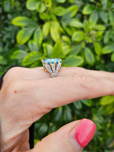 0823: Vintage; Statement 9ct Gold Swiss Blue Topaz Diamonds Cocktail Ring