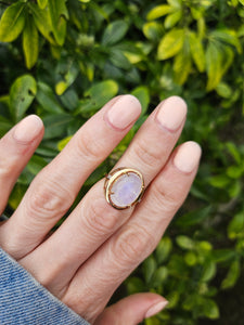 1001: Vintage; 9ct Gold Cabochon White Moonstone Solitaire Ring- LUSH