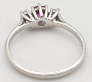 2357: Vintage; 18ct White Gold Ruby Round Full Cut Diamonds 3- Stone Straight Ring- From 1978
