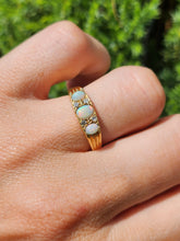Load image into Gallery viewer, 1683: Vintage: 18ct Gold Vivid White Opals Trilogy Diamonds Dress Ring- reassuring weight
