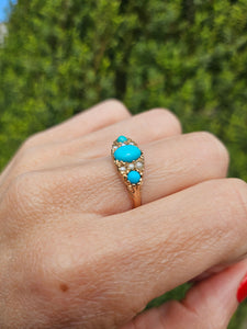 1589: Vintage- 1970's 9ct Gold Turquoise Seed Pearls Dress Ring- From 1976