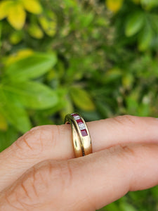1663: Vintage: 9ct Gold Rubies Diamonds Crossover Ring- classic design.