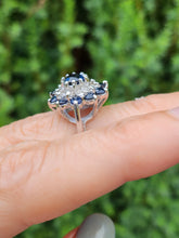 Cargar imagen en el visor de la galería, 6046: Vintage; 18ct White Gold 11 Blue Sapphires 10 Diamonds Cocktail Ring- lovely symmetry - substantial beauty
