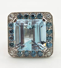 Load image into Gallery viewer, VINTAGE; 14ct White Gold Large Emerald Cut Aquamarine (13.9ct) , Blue Diamonds Statement Cocktail Ring
