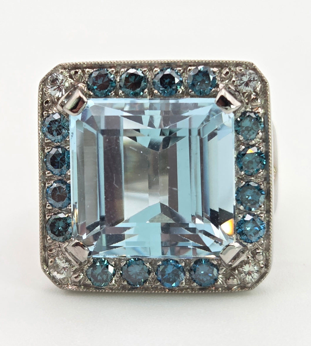 VINTAGE; 14ct White Gold Large Emerald Cut Aquamarine (13.9ct) , Blue Diamonds Statement Cocktail Ring