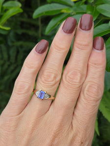8232: Vintage; 9ct Gold Emerald cut Tanzanite Diamonds Dress; Ring- lovely cut and colour