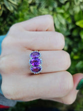 Load image into Gallery viewer, 0504: Vintage: 9ct Gold Purple Amethysts 28 Diamonds Halos Dress Ring- elegant
