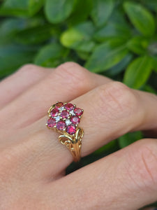 1845: Vintage; 9ct Gold 9 Red Garnets 4 Natural Diamonds Geometric Set Dress Ring
