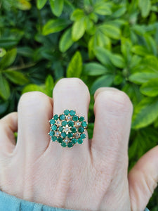 0560: Vintage: Large 9ct Gold Emeralds Diamonds Tiered Cluster Ring- Date-mark 1980