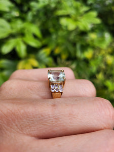 1522: Vintage: 9ct Gold Large Cushion Cut Mint Green Amethyst Tanzanites Cocktail Ring- exceptional