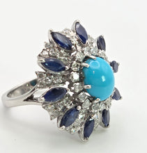 Cargar imagen en el visor de la galería, 2269: Vintage: 14ct White Gold Turquoise, Blue Sapphires, 56 Diamonds Statement Cluster Ring
