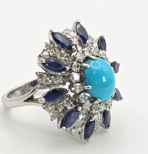 2269: Vintage: 14ct White Gold Turquoise, Blue Sapphires, 56 Diamonds Statement Cluster Ring