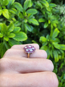 A0003: Vintage: 9ct Gold Rubies (30) diamonds (7) Floral Cluster Ring- Splendid