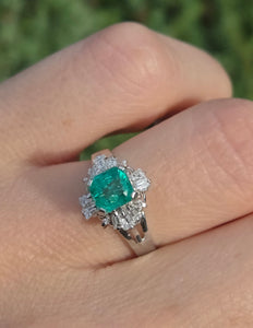 Vintage: Platinum Emerald Cut Emerald Diamonds Cocktail Cluster Ring